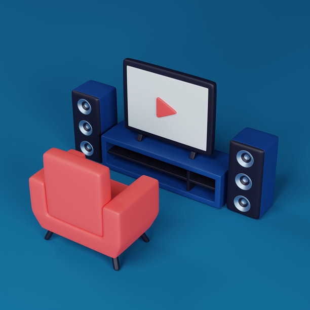 电影舒适，3D家庭影院图标为现代娱乐。3D渲染图片下载