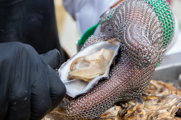 戴着锁子甲手套，用手清洗新鲜的牡蛎图片下载