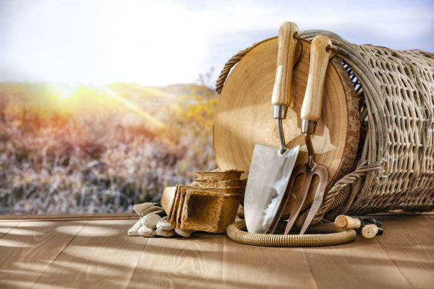 秋天的柳条篮子和木桌上的园艺工具和秋天的乡村景观。图片下载