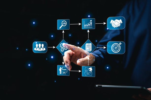 业务流程管理和工作流概念，商人展示虚拟现实的流程图来处理工作流，最佳组织，目标设定，项目数据文档，良好的目标规划图片下载