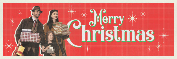幸福的家庭拿着礼物，带着怀旧的气息传播圣诞的欢乐。圣诞快乐，经典复古字体。当代艺术拼贴。图片下载