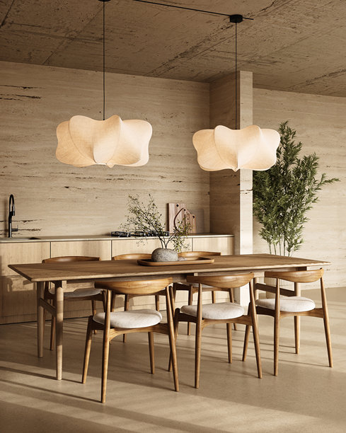 简约的厨房用餐区采用天然木材和优雅的照明，3d渲染图片下载