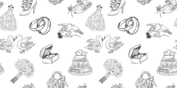 婚礼符号的无缝图案不同的草图，戒指，白天鹅夫妇，鸽子，礼服，蛋糕，花束，铃铛，矢量背景，手绘插图，纸张，壁纸图片下载