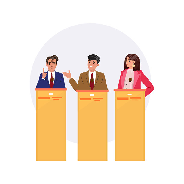 政治候选人在讲台上辩论，讨论政策并向公众展示他们的议程图片下载