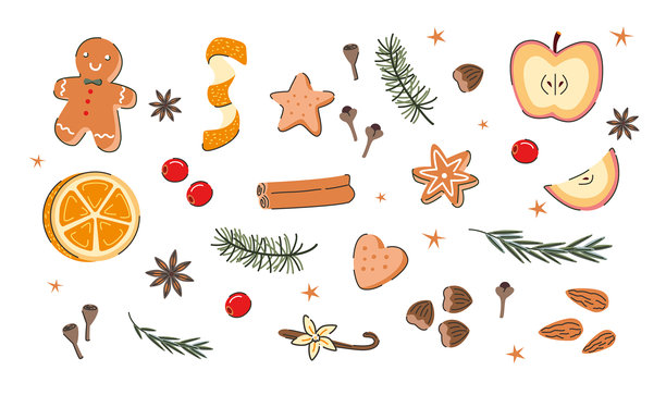圣诞食物和香料。姜饼，橘子，苹果，肉桂，八角茴香和丁香。节日食物和香味的集合。假日季节的元素。矢量平面插图。图片下载