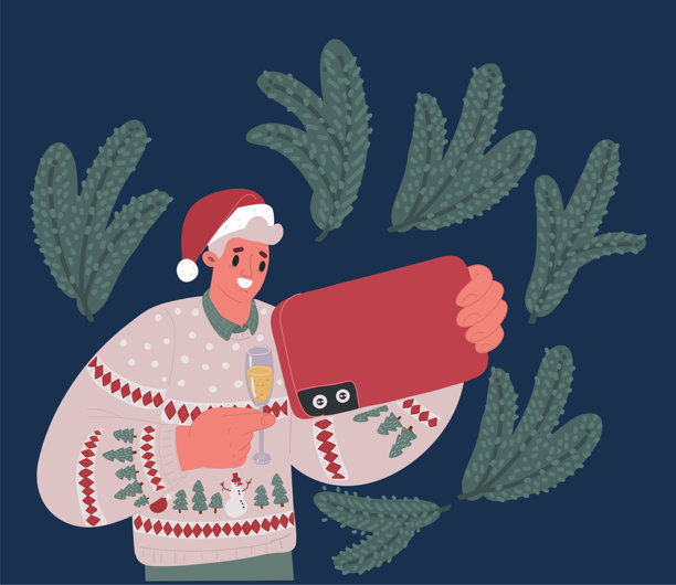 智能手机的卡通矢量插图的人使用智能手机，庆祝圣诞节和新年图片下载