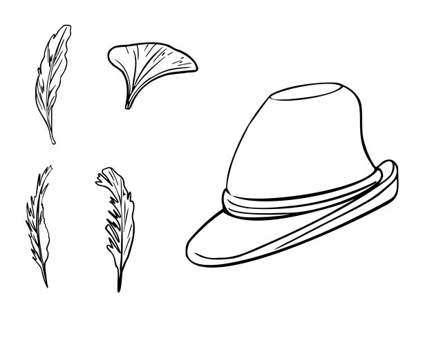 德国绿帽子和羽毛单色矢量线性插图孤立。巴伐利亚啤酒节的帽子轮廓由墨水手绘设计啤酒节，横幅，菜单，包装，海报。图片下载