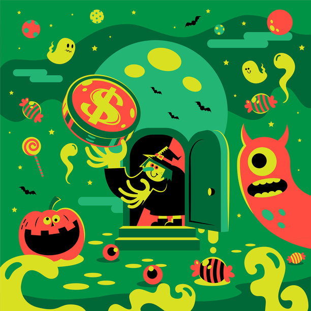 巫婆打开门展示金钱，异想天开的万圣节，背景是满月、蝙蝠、鬼魂、怪物和南瓜灯图片下载