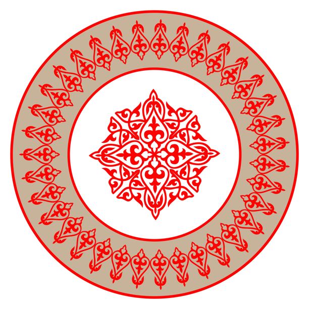 矢量红色和金色的亚细亚民族圆形框架，中间有一个图案。亚洲点缀着亚洲游牧民族、大草原、哈萨克人、吉尔吉斯人、卡尔梅克人、蒙古人、土库曼人。图片下载