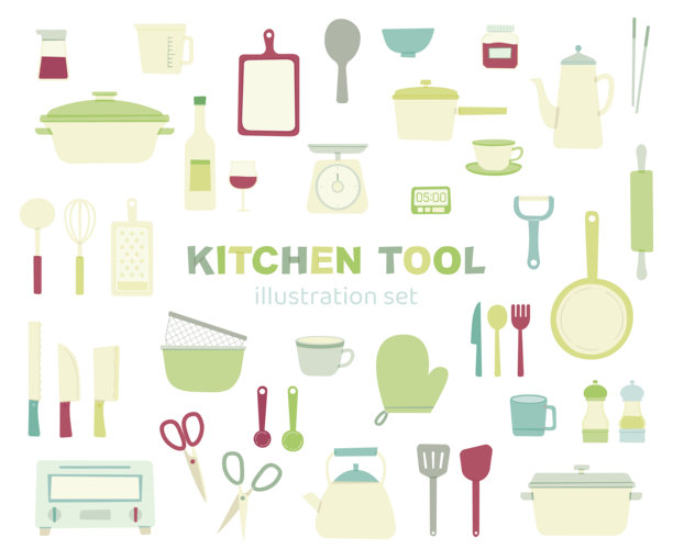 厨房工具，炊具，厨房，插图，涂鸦风格，集，可爱，没有线条，平淡，简单图片下载