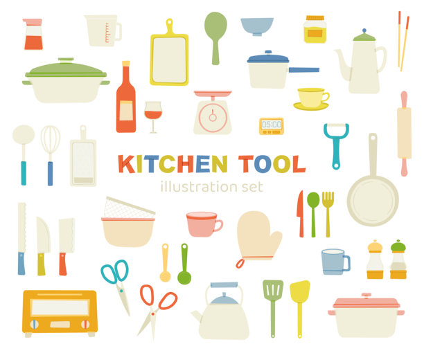 厨房工具，炊具，厨房，插图，涂鸦风格，集，可爱，没有线条，平淡，简单图片下载