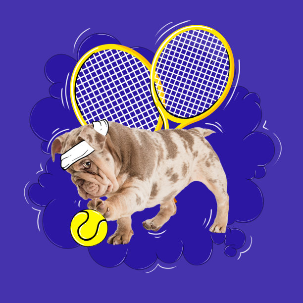 海报。当代艺术品。小纯种狗，打扮成运动员，拿着球拍玩网球。卡通艺术风格。图片下载