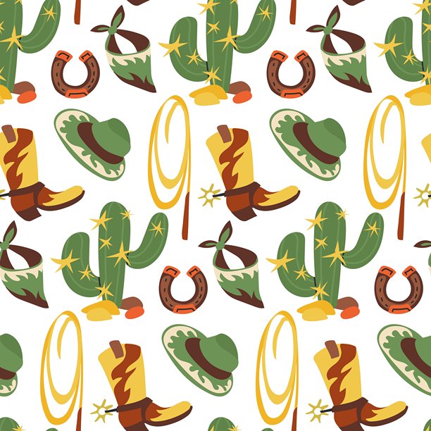 牛仔无缝图案与靴子，帽子，马蹄铁，套索，手帕和仙人掌在一个白色的背景。矢量平面图形。西式包装，主题派对以绿色、黄色为主。在纺织品、纸张上印刷图片下载