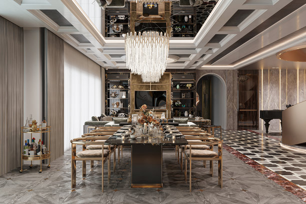 室内设计模拟现代别致的餐厅与回收大理石桌子和金属椅子图片下载
