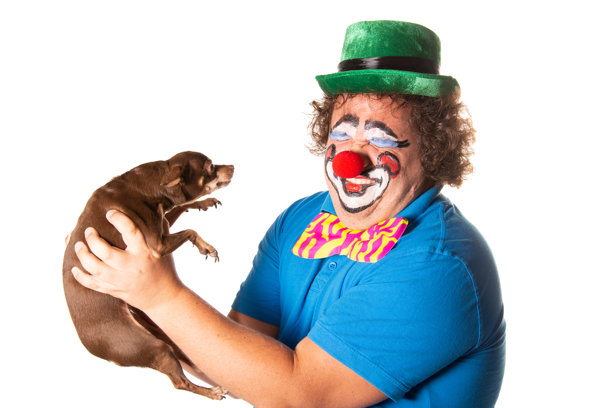 滑稽的胖小丑在白色背景上摆姿势。图片下载