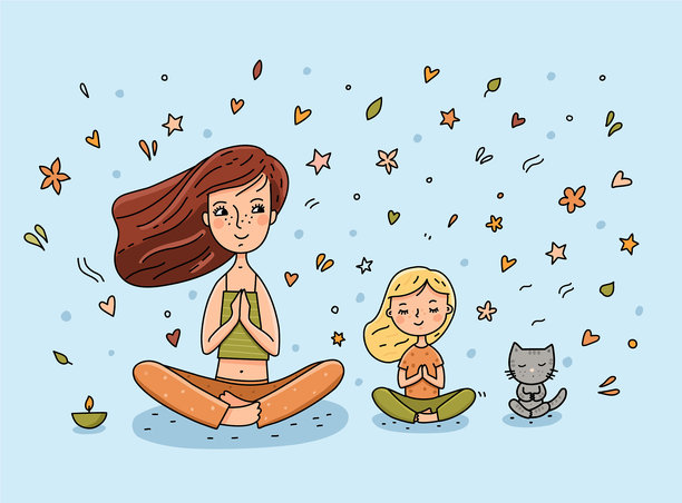 妈妈女儿和小猫在打坐图片下载