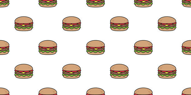 汉堡无缝图案快餐矢量涂鸦卡通礼品包装纸瓷砖背景重复壁纸插图围巾孤立的设计图片下载