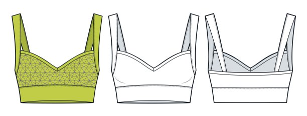 露脐上衣技术时尚插画，时尚理念。运动文胸时尚平面技术图纸模板，绑带，修身合身，前后视图，白色，黄色，女性Top CAD模型集。图片下载