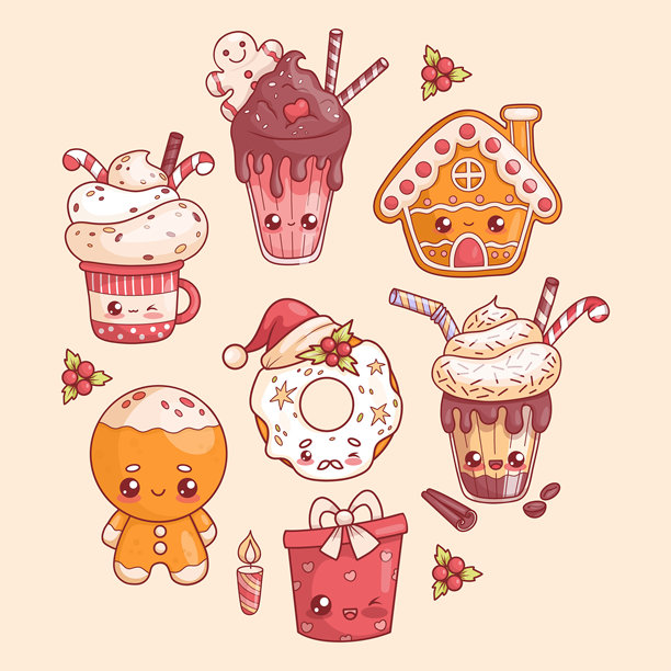 圣诞食品和饮料套装。可爱的姜饼曲奇，奶油杯甜点，男人和房子，甜甜圈圣诞老人，礼物和巧克力奶油奶昔焦糖。孤立的矢量假日卡哇伊字符。图片下载