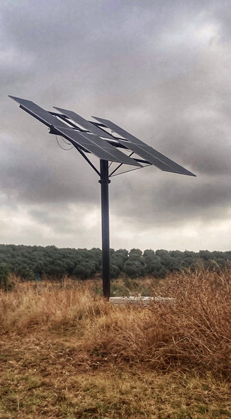 在一个风雨交加的夏日早晨，农田、橄榄树林和干燥的草地。太阳能电池板为农作物供电图片下载