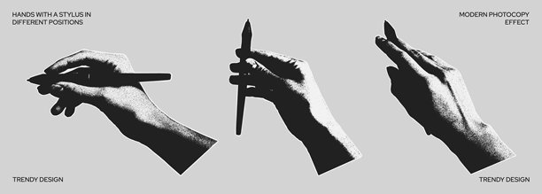 用笔在不同位置的手集合。手拿着笔，像影印一样。颗粒矢量插图。时尚的手元素拼贴图片下载