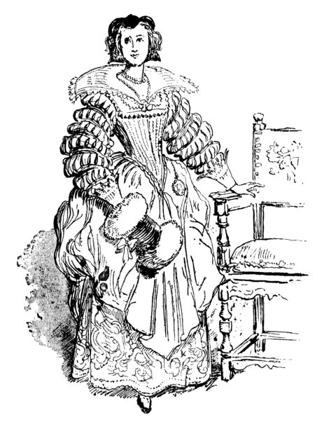 1620年代复兴党时期的时尚，17世纪的雅各宾式女士连衣裙，长袖和支撑式皮卡迪尔领图片下载