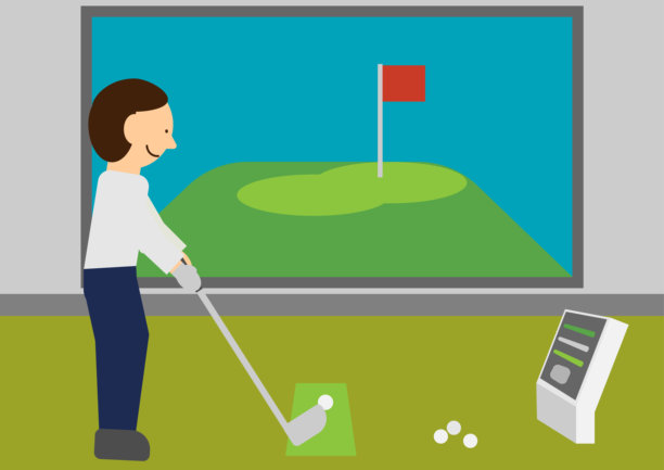 一个人在室内高尔夫球练习场练习的画面图片下载