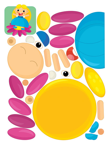 卡通场景与人物女孩公主女士拼图剪纸教育练习手册工作用剪刀插图儿童剪纸图片下载