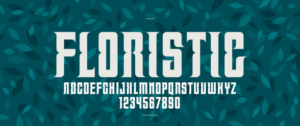花卉显示字体的标志和标题，海报和广告字母和数字字体，美丽和优雅的自然生态产品或品牌的排版。图片下载