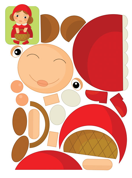 卡通场景与人物女孩公主女士女孩在红兜帽拼图剪纸教育练习手册工作用剪刀插图儿童剪纸图片下载