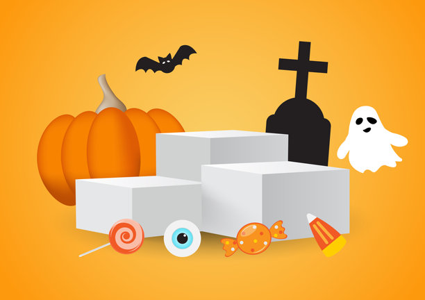 三个空白的方形讲台站在展示产品南瓜，鬼，蝙蝠，坟墓在橙色背景的万圣节概念，矢量图片下载