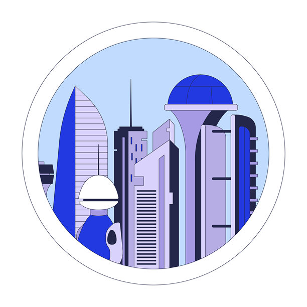 未来城市圆窗卡通平面插画图片下载