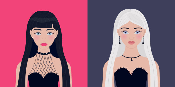 女人的肖像。年轻女孩的现代面部套装。黑白金色的长发，有刘海。蓝眼睛。漂亮的女士，女性。前视图。社交网络的化身。平面设计。粉红色的背景。图片下载