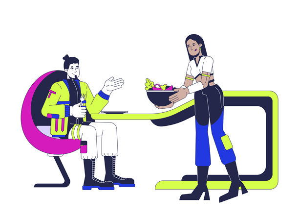 未来主义餐桌夫妇跨种族的2D卡通人物图片下载