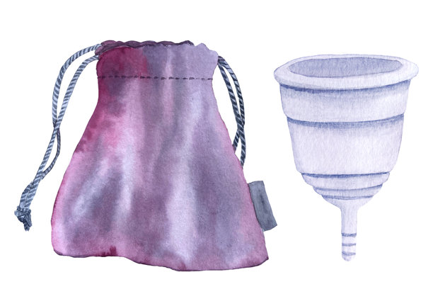 一个月经杯和一个织物储存袋水彩集隔离在白色。图片下载