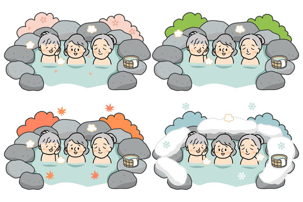 以日本的四季为背景，画了三位老年妇女前往温泉设施的插图图片下载
