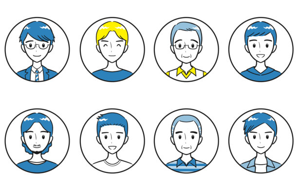 不同年龄的成年男子，积极的面部表情，圆形图标集，简单图片下载