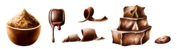 用卷曲的巧克力片，堆叠的巧克力块，融化的液体巧克力，棕色陶瓷碗的可可粉或肉桂。水彩手绘盘绕甜美美味的现实插图孤立在白色的背景。为设计师图片下载