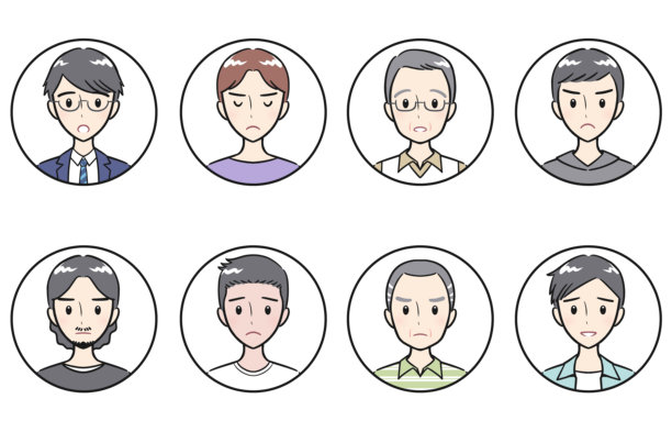 不同年龄的成年男子，消极的面部表情，圆形图标，白色图片下载