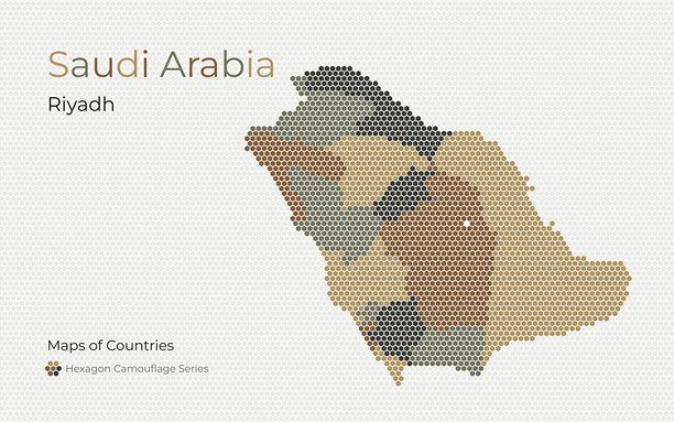 沙特阿拉伯地图，首都为利雅得，呈六边形。图片下载