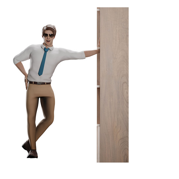 专业设置的3D男性教师。男老师站着，左手倚在书架上，右手放在臀部。卡通图片下载