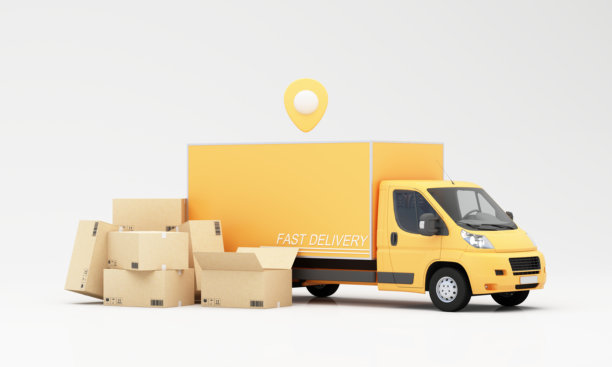 送货车。有包装的黄色汽车。运输，送货服务，货物和纸箱。运输快捷，交货快捷。快速包裹递送到买家安全，及时。3D渲染图图片下载