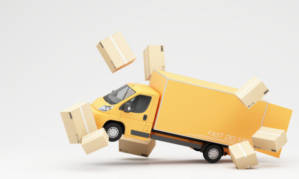送货车。有包装的黄色汽车。运输，送货服务，货物和纸箱。运输快捷，交货快捷。快速包裹递送到买家安全，及时。3D渲染图图片下载