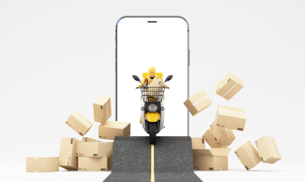 黄色摩托车和机器人司机。运输，送货服务，货物和纸箱。运输快捷，交货快捷。快速包裹递送到买家安全，及时。3D渲染图图片下载