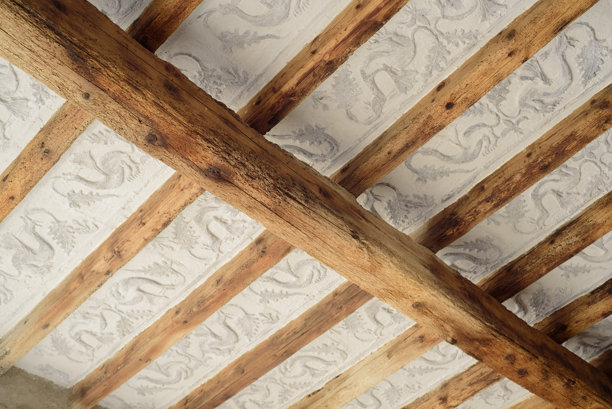 龙图案的天花板和质朴的木梁图片下载