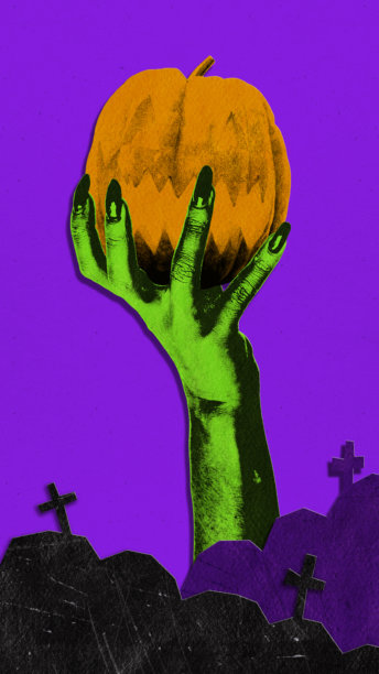 海报。当代艺术拼贴。一只绿色的手拿着锋利的指甲高高举起南瓜灯，完美的万圣节战利品。图片下载