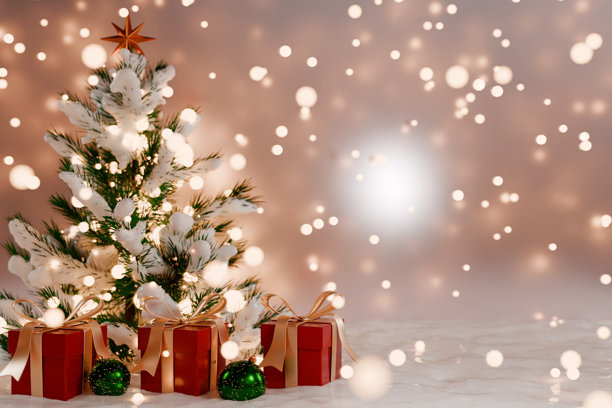 圣诞树上装饰着装饰品和礼物，周围是白雪的背景和柔和的灯光。三维渲染图片下载
