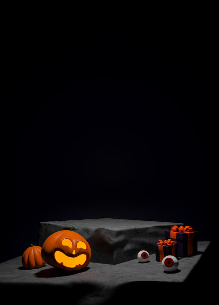 幽灵般的万圣节设置与南瓜和礼品盒在黑暗的讲台。3D插图图片下载
