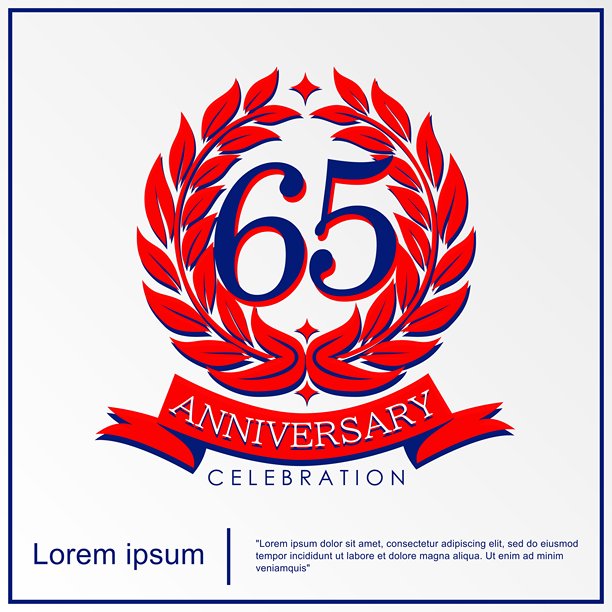 65周年校庆会徽。周年纪念标志与红丝带和月桂花环隔离。矢量插图模板设计的网页，传单，海报，问候图片下载