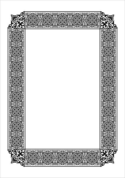 黑色单色矩形垂直伊斯兰亚洲哈萨克民族装饰奖框。A4格式。哈萨克图案框架、边框、哈萨克、吉尔吉斯、蒙古、鞑靼、乌兹别克等装饰点缀。图片下载
